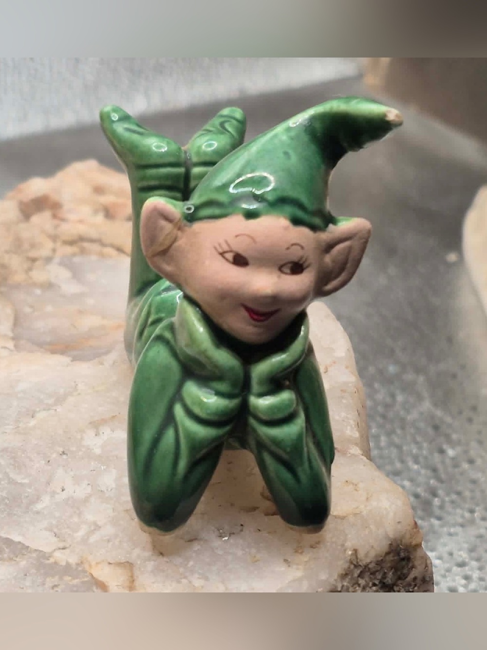 MCM Vintage Gilner Pixie - Miniature Green Elf Figurine Laying Cute
